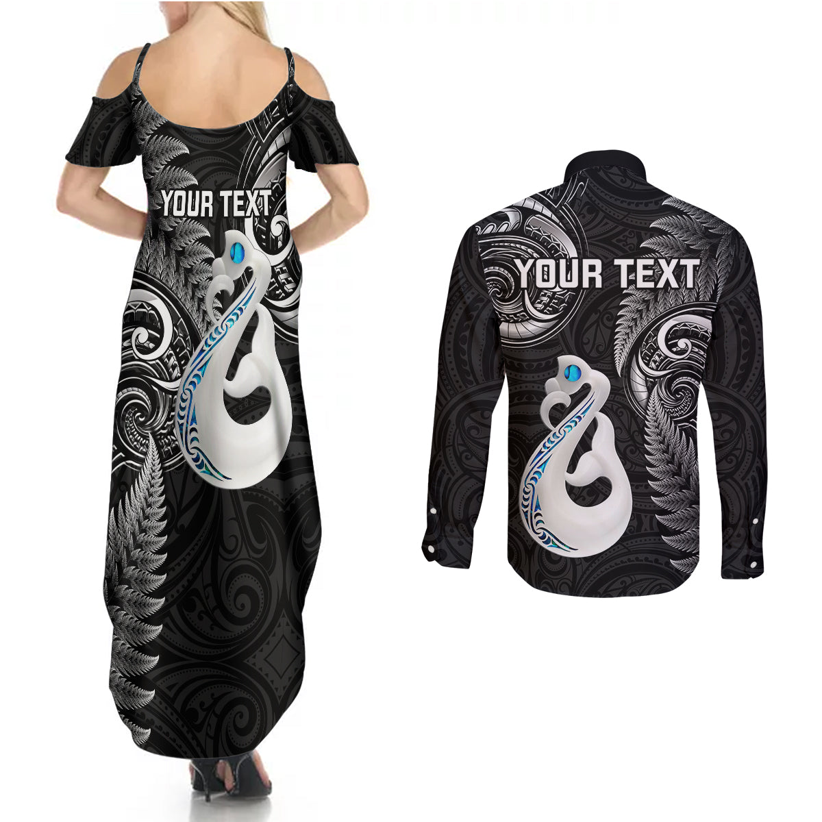 Personalised New Zealand Couples Summer Maxi Dress and Long Sleeve Button Shirts Aotearoa Silver Fern With Manaia Maori Unique Black LT14