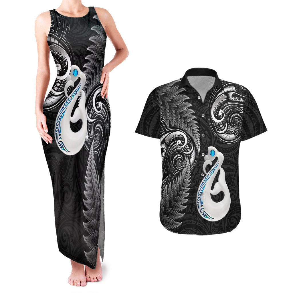 personalised-new-zealand-couples-matching-tank-maxi-dress-and-hawaiian-shirt-aotearoa-silver-fern-with-manaia-maori-unique-black