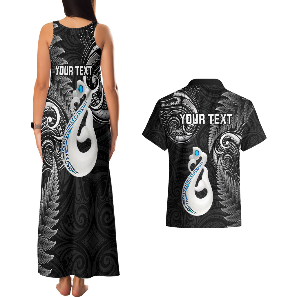 personalised-new-zealand-couples-matching-tank-maxi-dress-and-hawaiian-shirt-aotearoa-silver-fern-with-manaia-maori-unique-black