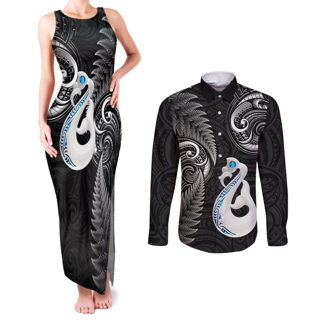 personalised-new-zealand-couples-matching-tank-maxi-dress-and-long-sleeve-button-shirts-aotearoa-silver-fern-with-manaia-maori-unique-black