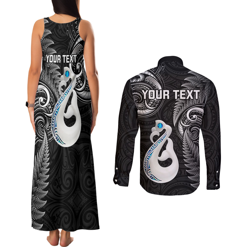 personalised-new-zealand-couples-matching-tank-maxi-dress-and-long-sleeve-button-shirts-aotearoa-silver-fern-with-manaia-maori-unique-black