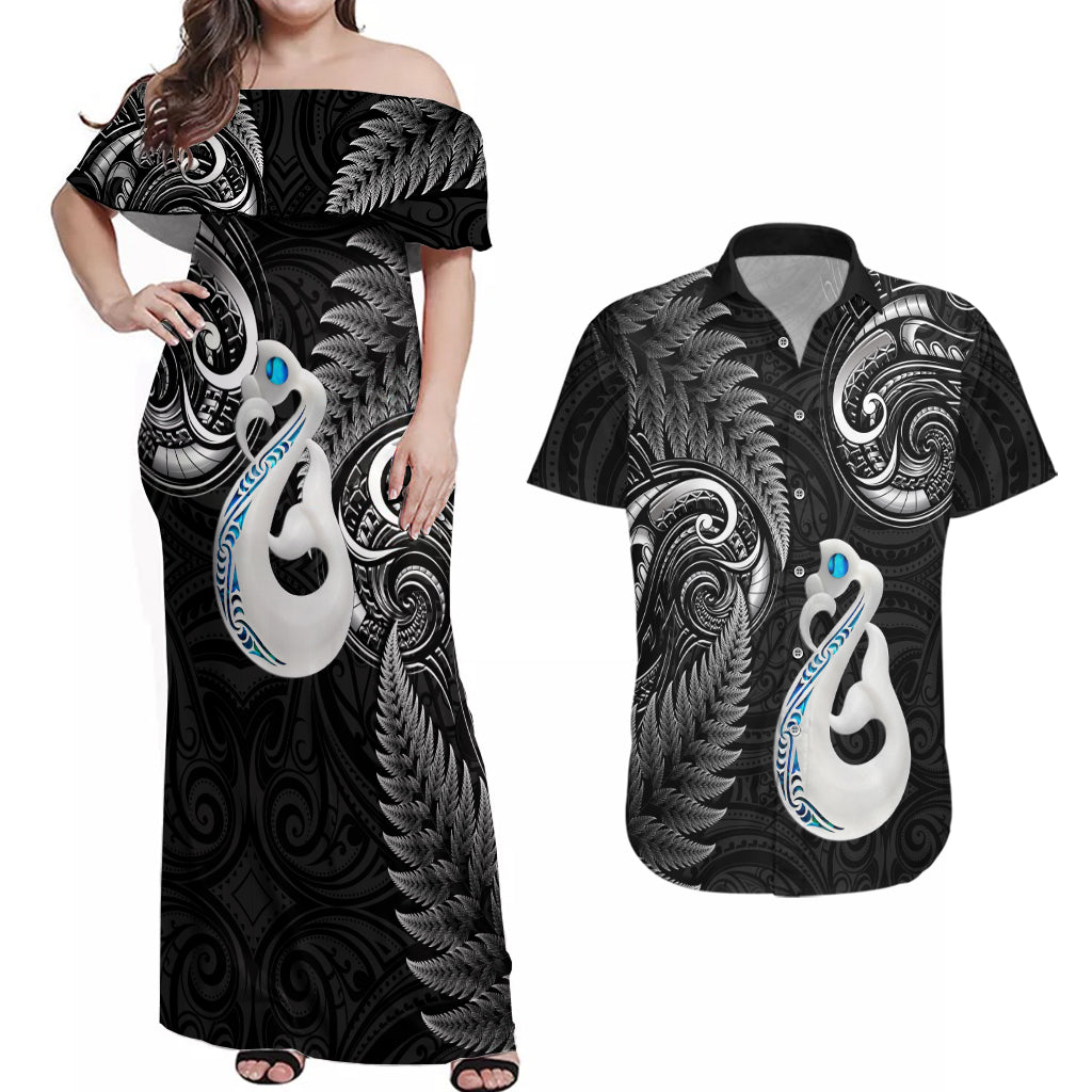 personalised-new-zealand-couples-off-shoulder-maxi-dress-and-hawaiian-shirt-aotearoa-silver-fern-with-manaia-maori-unique-black