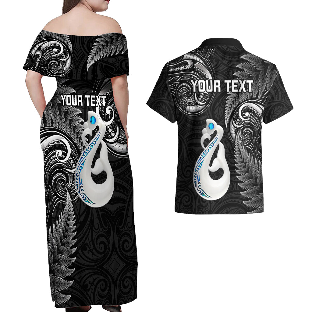 personalised-new-zealand-couples-off-shoulder-maxi-dress-and-hawaiian-shirt-aotearoa-silver-fern-with-manaia-maori-unique-black