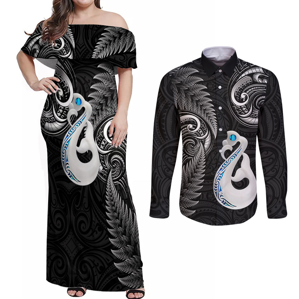 personalised-new-zealand-couples-off-shoulder-maxi-dress-and-long-sleeve-button-shirts-aotearoa-silver-fern-with-manaia-maori-unique-black