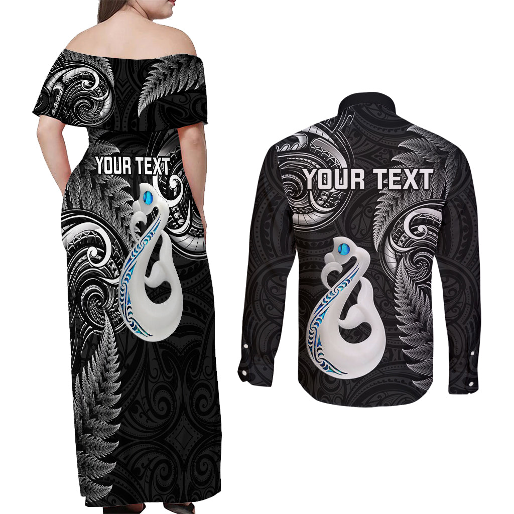 personalised-new-zealand-couples-off-shoulder-maxi-dress-and-long-sleeve-button-shirts-aotearoa-silver-fern-with-manaia-maori-unique-black