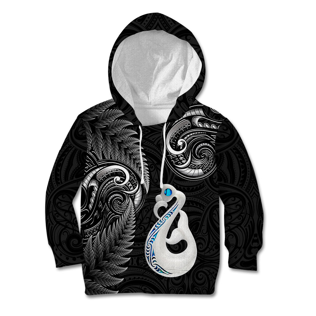 Personalised New Zealand Kid Hoodie Aotearoa Silver Fern With Manaia Maori Unique Black - Vibe Hoodie Shop