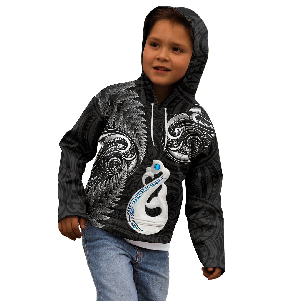 Personalised New Zealand Kid Hoodie Aotearoa Silver Fern With Manaia Maori Unique Black - Vibe Hoodie Shop