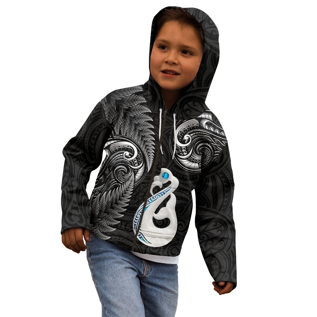 Personalised New Zealand Kid Hoodie Aotearoa Silver Fern With Manaia Maori Unique Black - Vibe Hoodie Shop