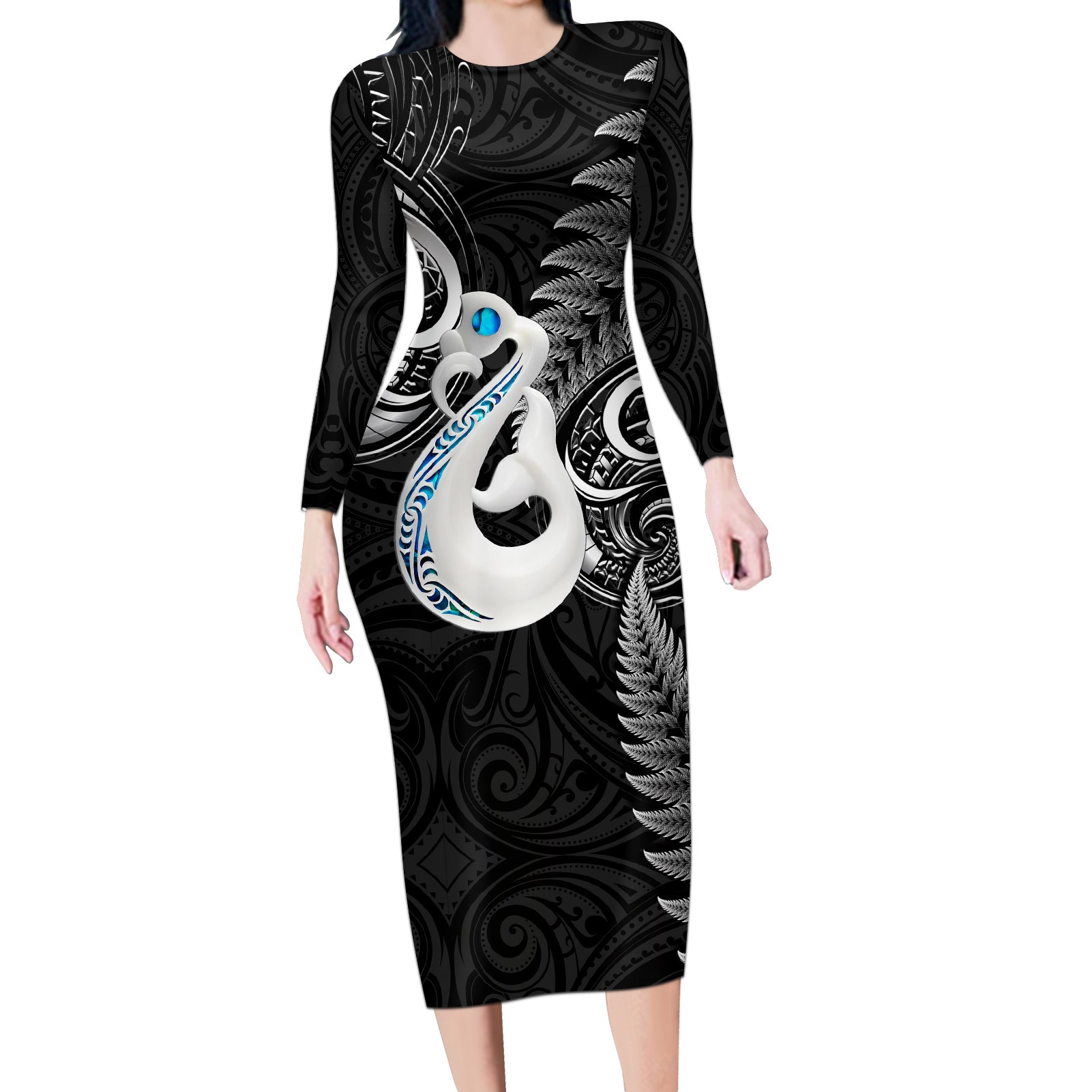 personalised-new-zealand-long-sleeve-bodycon-dress-aotearoa-silver-fern-with-manaia-maori-unique-black