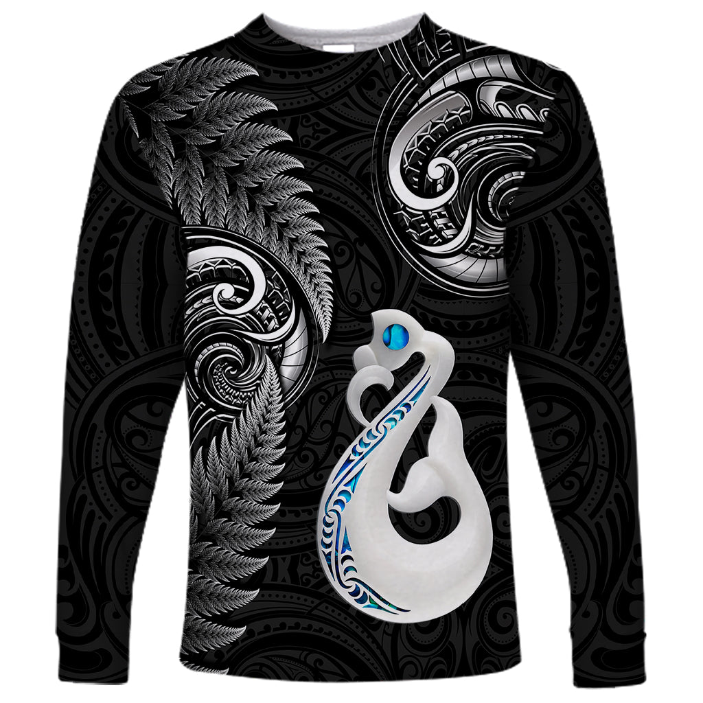 Personalised New Zealand Long Sleeve Shirt Aotearoa Silver Fern With Manaia Maori Unique Black - Vibe Hoodie Shop