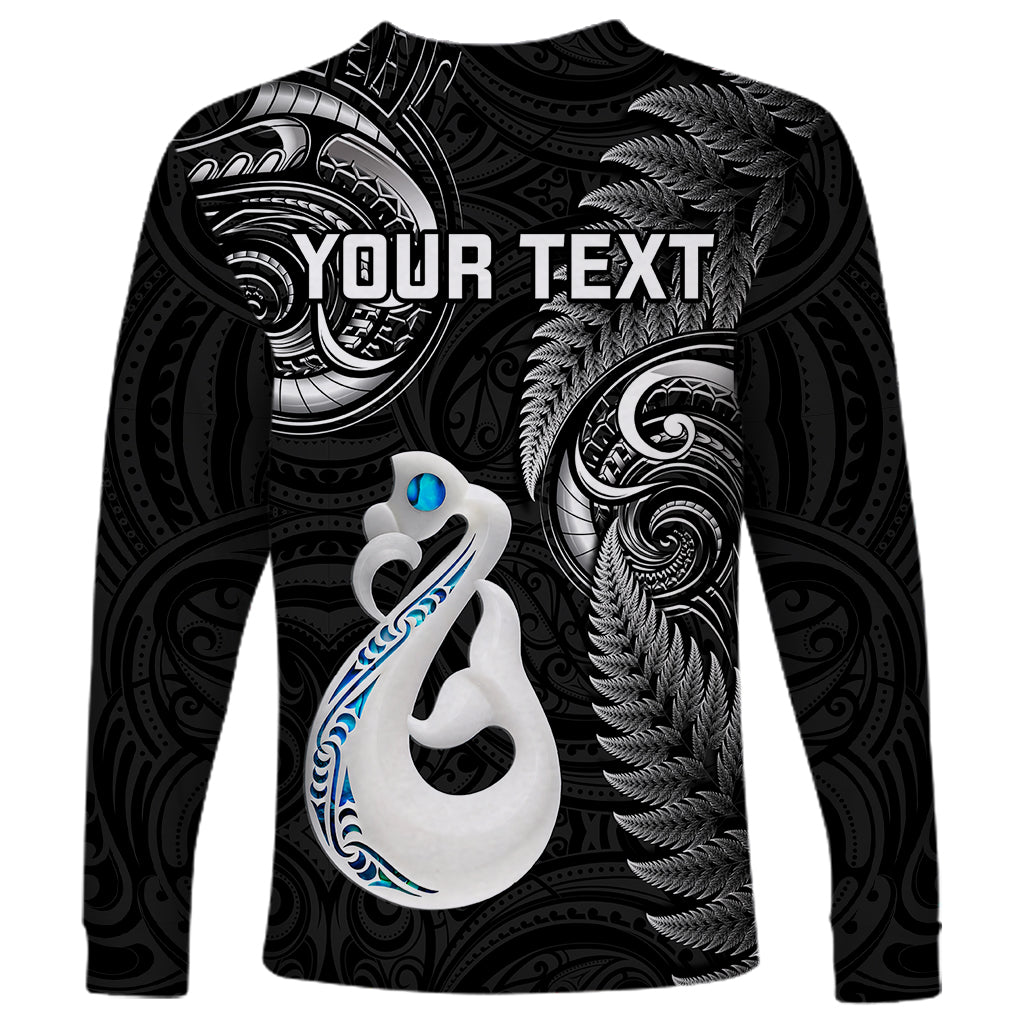 Personalised New Zealand Long Sleeve Shirt Aotearoa Silver Fern With Manaia Maori Unique Black - Vibe Hoodie Shop