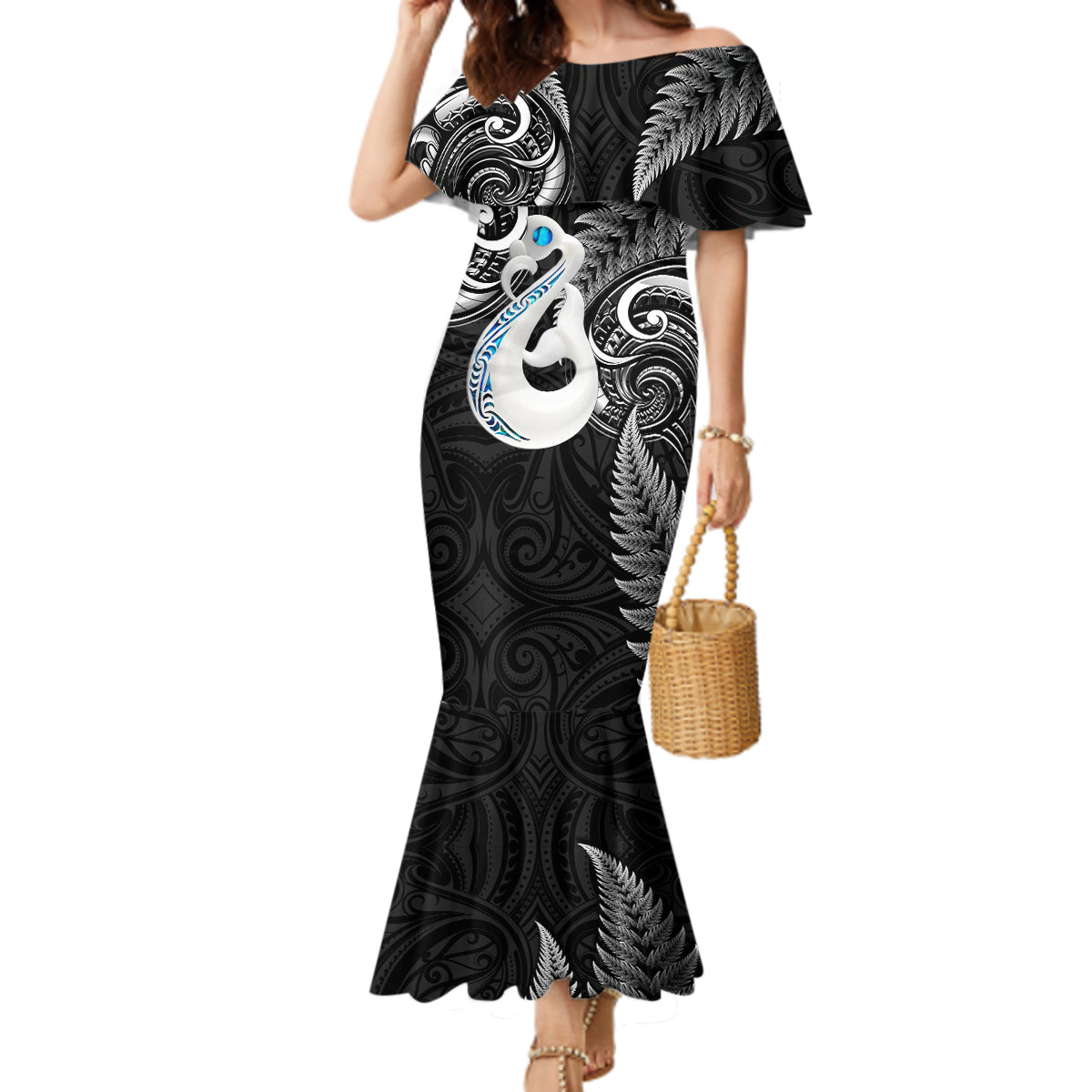 personalised-new-zealand-mermaid-dress-aotearoa-silver-fern-with-manaia-maori-unique-black