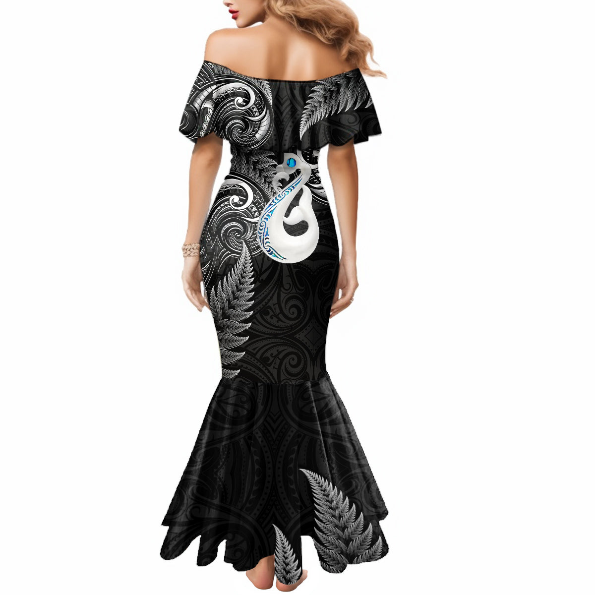 personalised-new-zealand-mermaid-dress-aotearoa-silver-fern-with-manaia-maori-unique-black