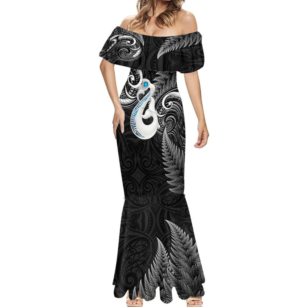 personalised-new-zealand-mermaid-dress-aotearoa-silver-fern-with-manaia-maori-unique-black