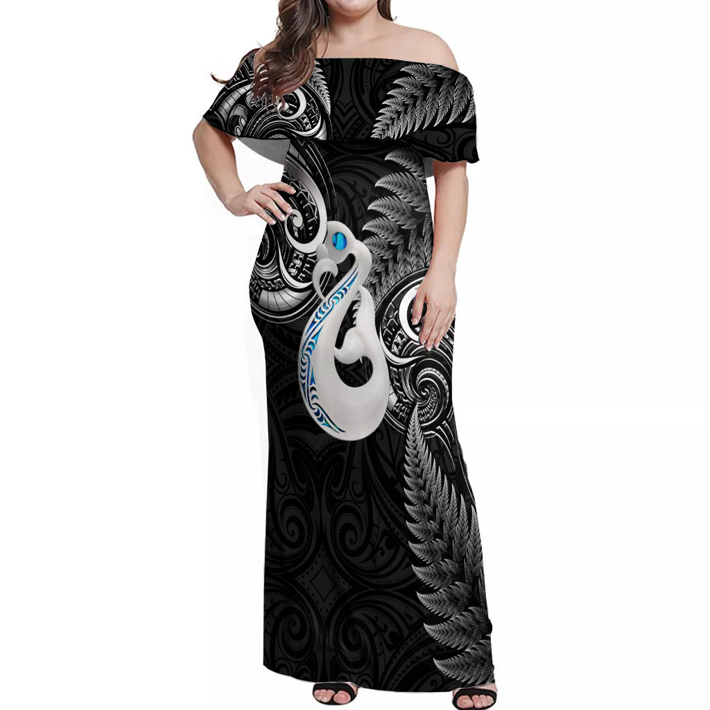 Personalised New Zealand Off Shoulder Maxi Dress Aotearoa Silver Fern With Manaia Maori Unique Black - Vibe Hoodie Shop