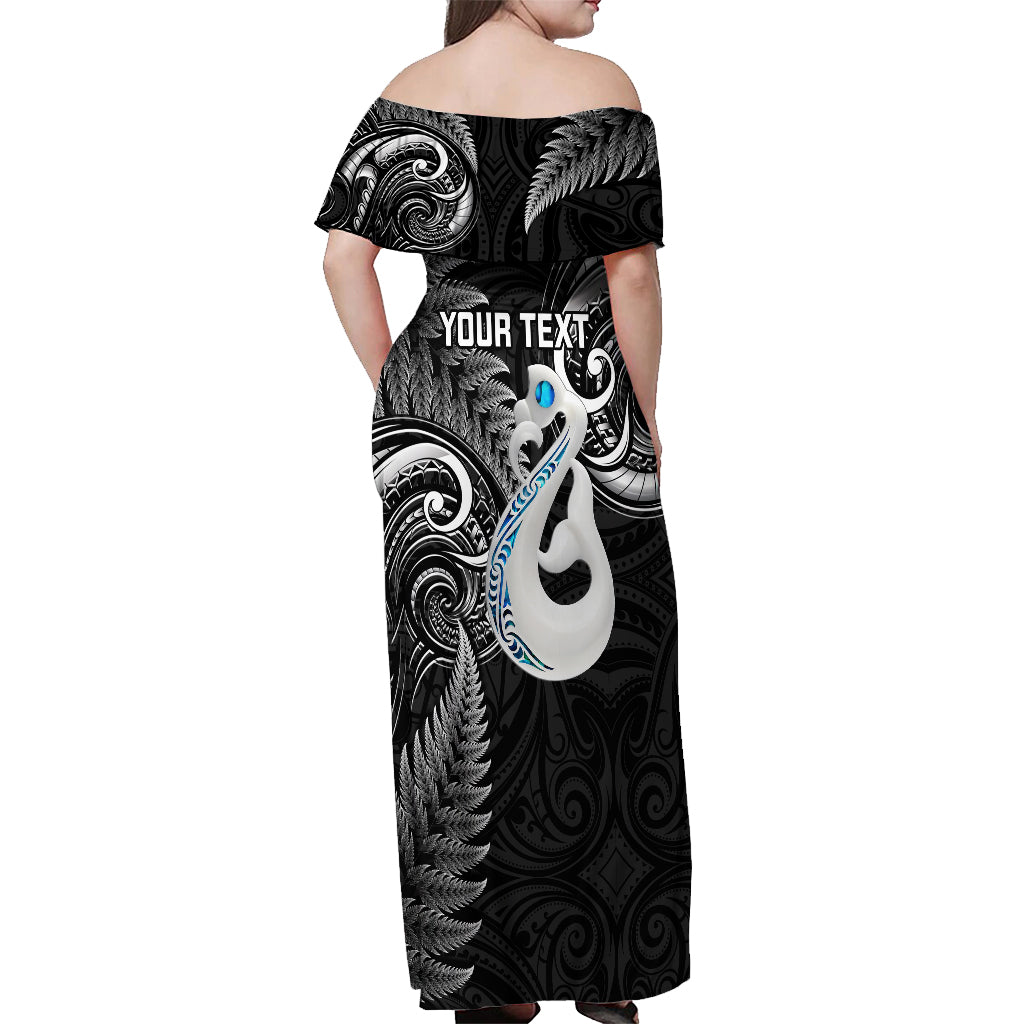 Personalised New Zealand Off Shoulder Maxi Dress Aotearoa Silver Fern With Manaia Maori Unique Black - Vibe Hoodie Shop