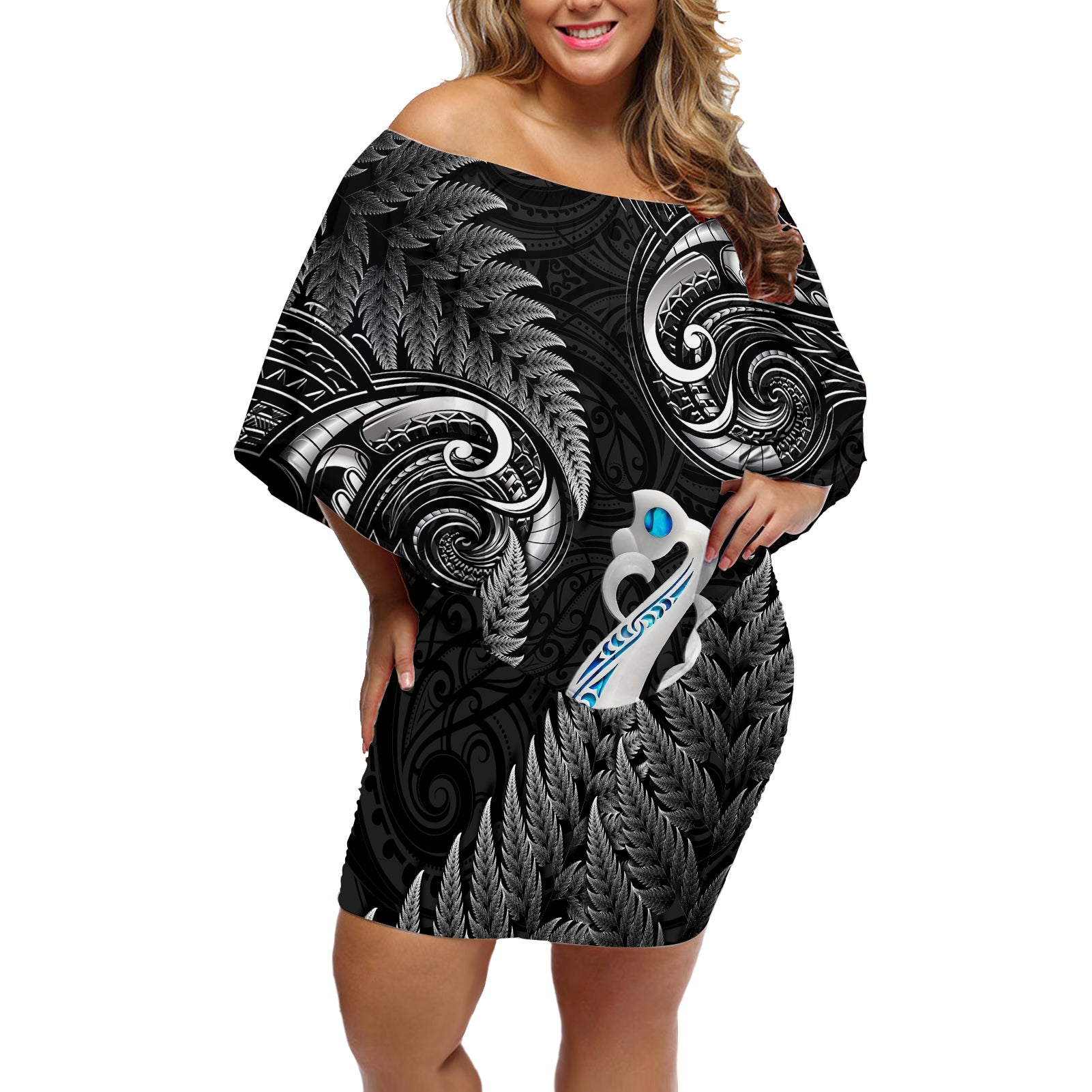 Personalised New Zealand Off Shoulder Short Dress Aotearoa Silver Fern With Manaia Maori Unique Black LT14