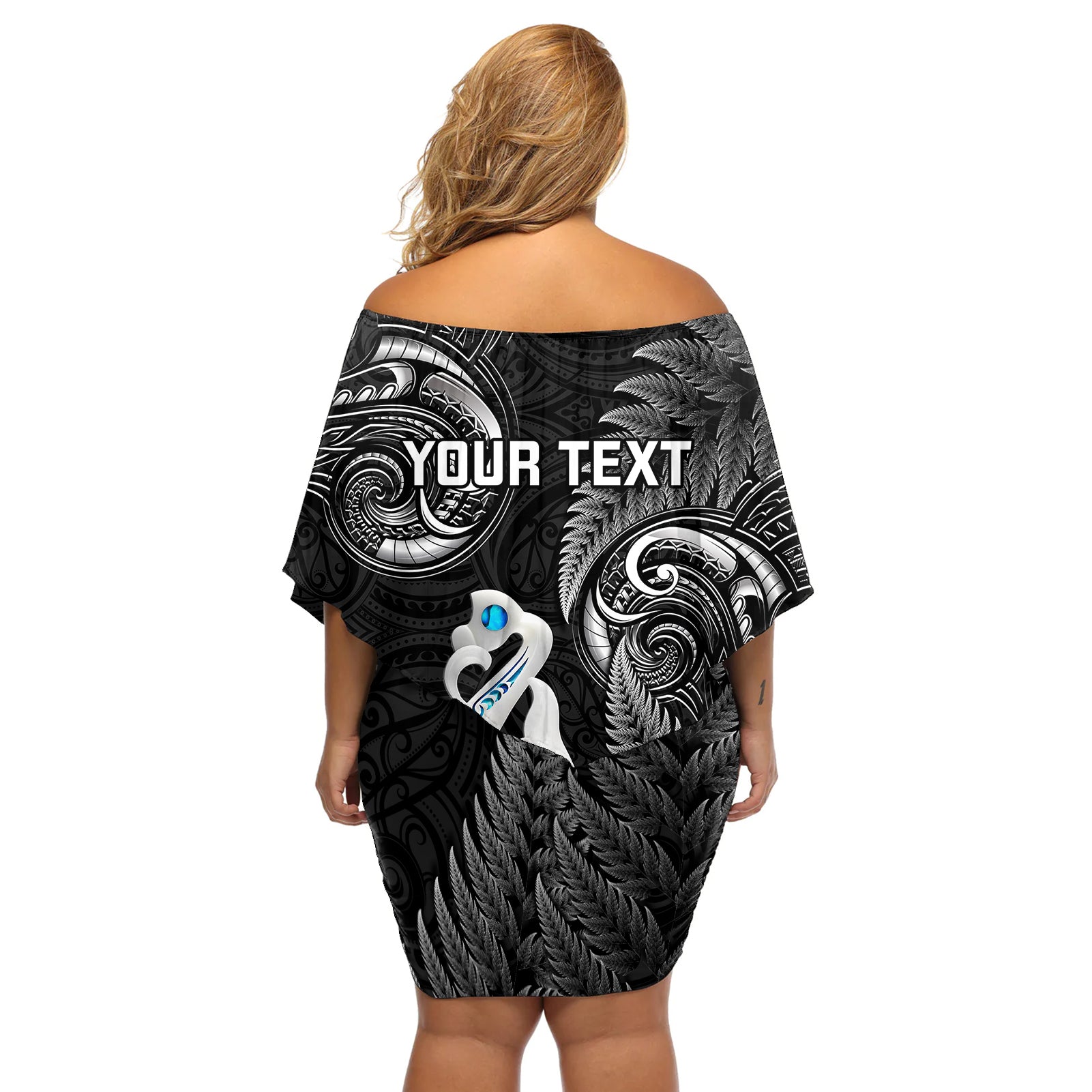 Personalised New Zealand Off Shoulder Short Dress Aotearoa Silver Fern With Manaia Maori Unique Black LT14