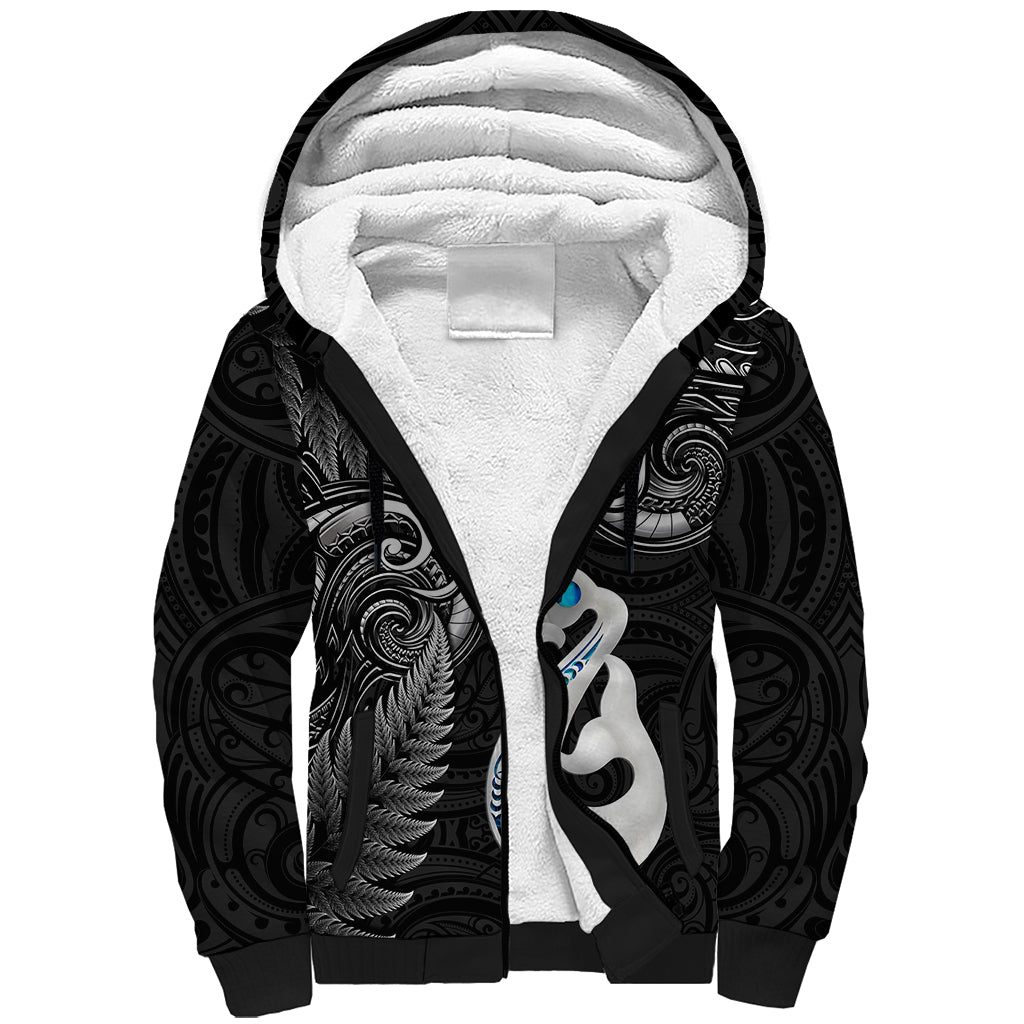 Personalised New Zealand Sherpa Hoodie Aotearoa Silver Fern With Manaia Maori Unique Black - Vibe Hoodie Shop