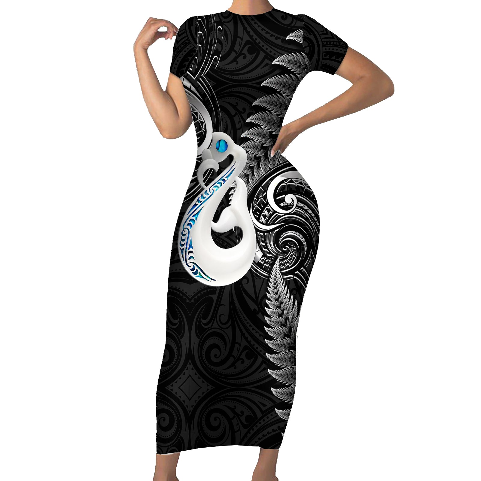 personalised-new-zealand-short-sleeve-bodycon-dress-aotearoa-silver-fern-with-manaia-maori-unique-black