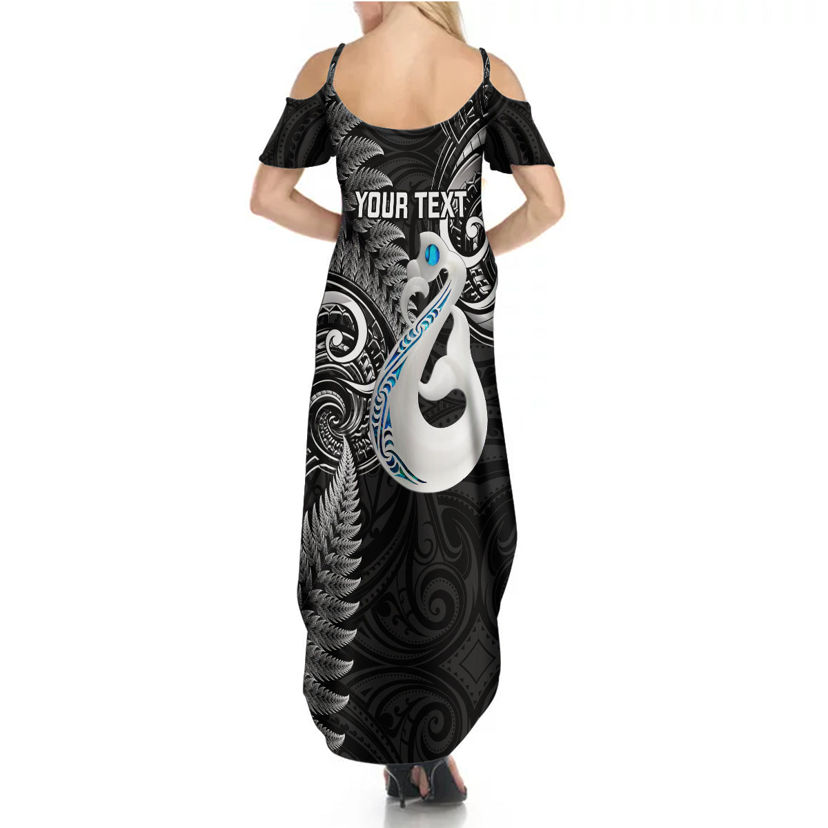 personalised-new-zealand-summer-maxi-dress-aotearoa-silver-fern-with-manaia-maori-unique-black