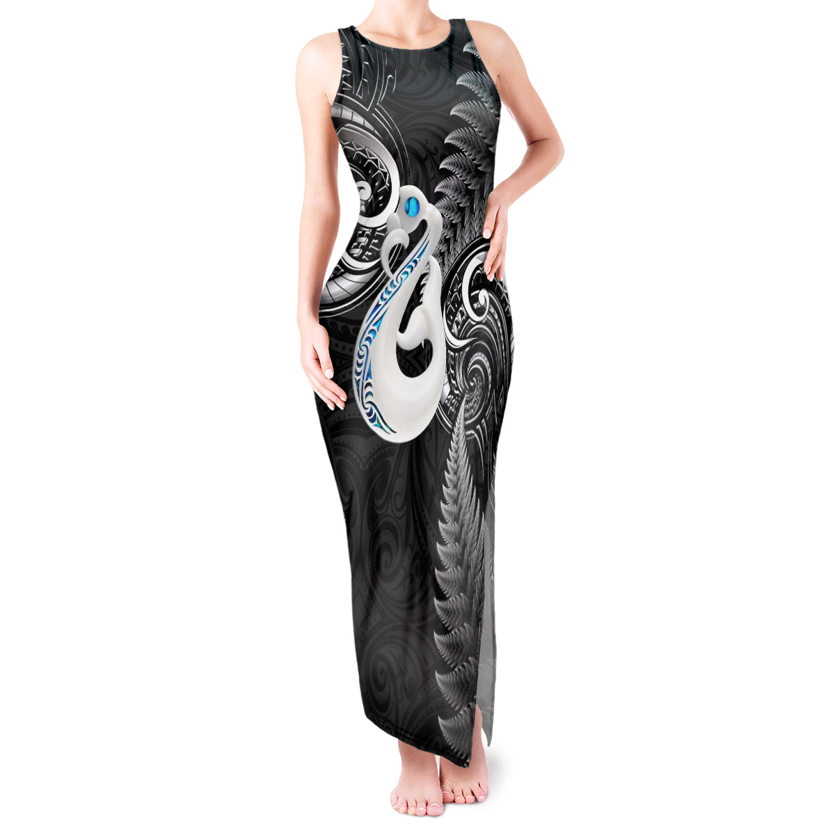 personalised-new-zealand-tank-maxi-dress-aotearoa-silver-fern-with-manaia-maori-unique-black