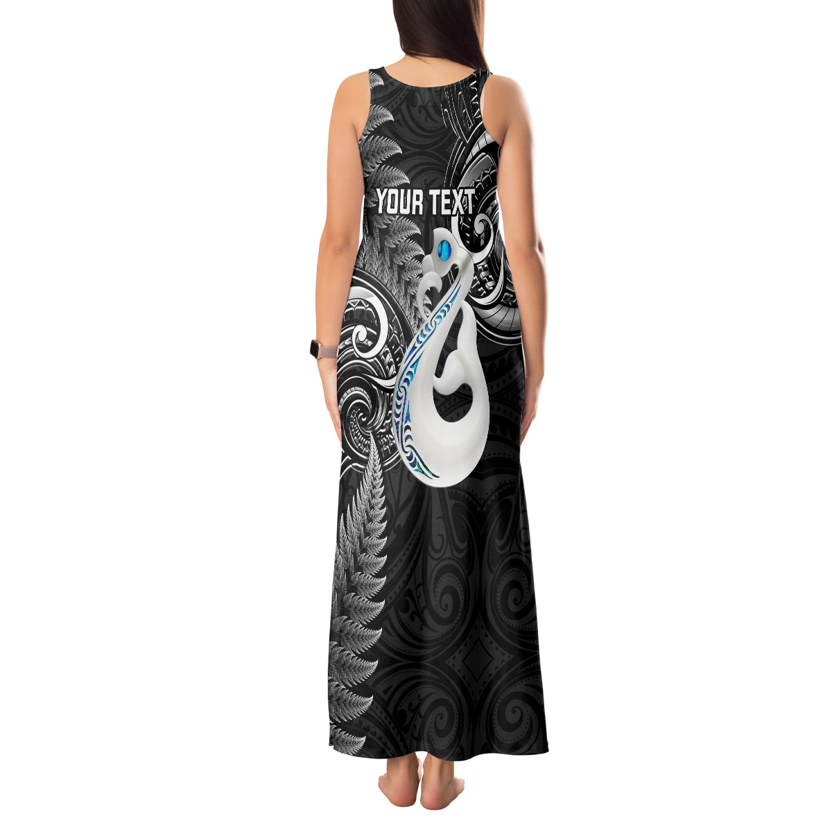 personalised-new-zealand-tank-maxi-dress-aotearoa-silver-fern-with-manaia-maori-unique-black