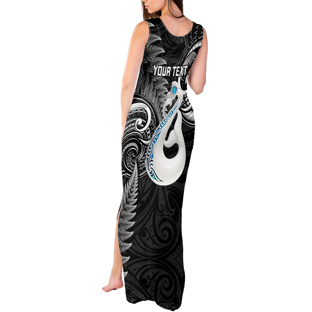 personalised-new-zealand-tank-maxi-dress-aotearoa-silver-fern-with-manaia-maori-unique-black