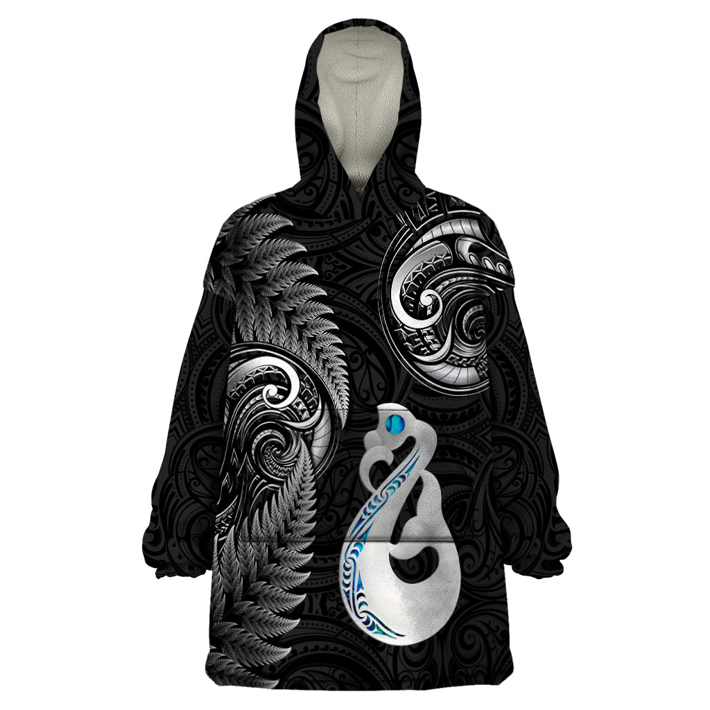 Personalised New Zealand Wearable Blanket Hoodie Aotearoa Silver Fern With Manaia Maori Unique Black - Vibe Hoodie Shop