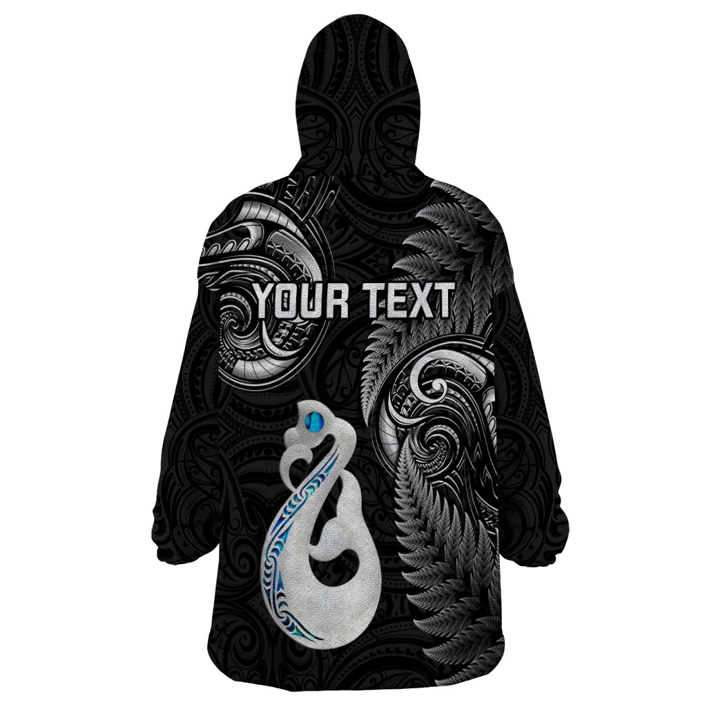 Personalised New Zealand Wearable Blanket Hoodie Aotearoa Silver Fern With Manaia Maori Unique Black - Vibe Hoodie Shop