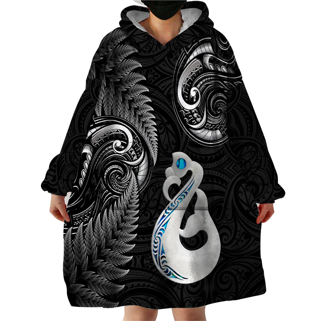 Personalised New Zealand Wearable Blanket Hoodie Aotearoa Silver Fern With Manaia Maori Unique Black - Vibe Hoodie Shop