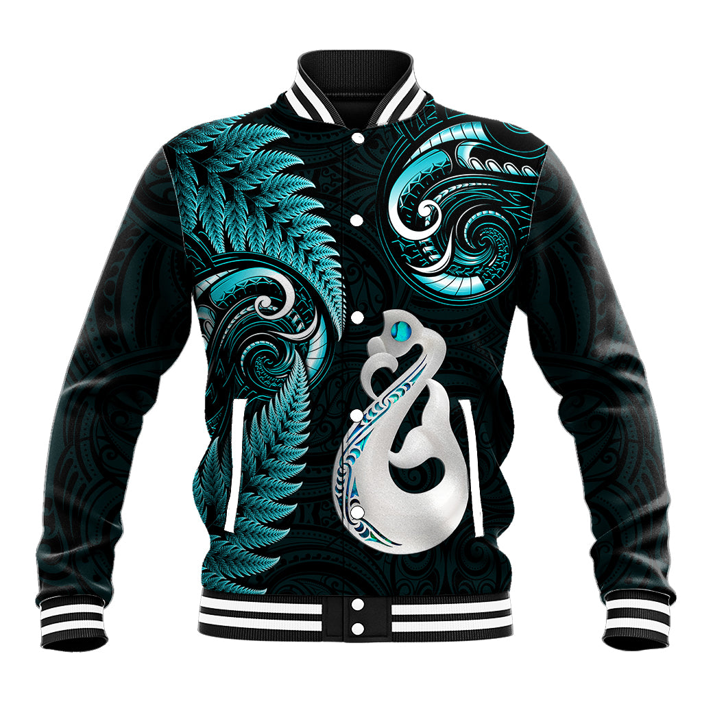 Personalised New Zealand Baseball Jacket Aotearoa Silver Fern With Manaia Maori Unique Turquoise - Vibe Hoodie Shop