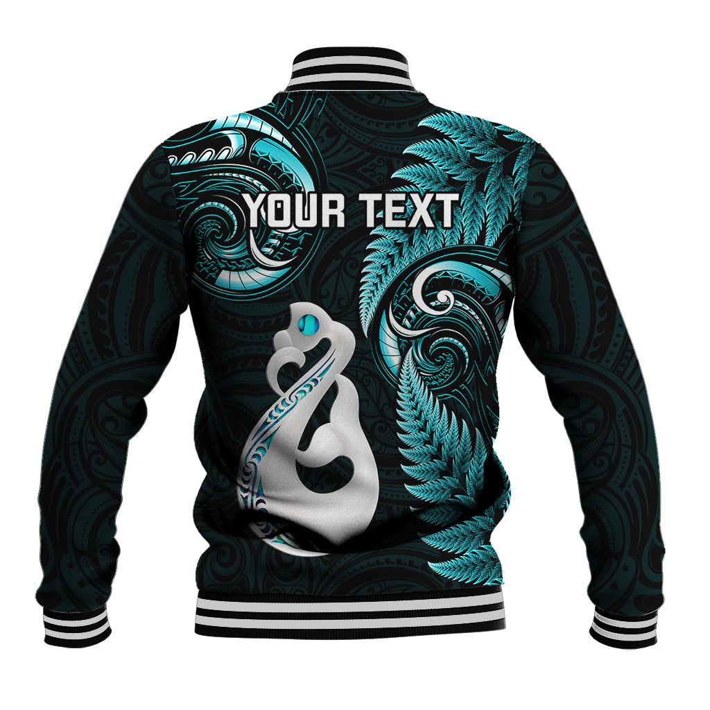 Personalised New Zealand Baseball Jacket Aotearoa Silver Fern With Manaia Maori Unique Turquoise - Vibe Hoodie Shop