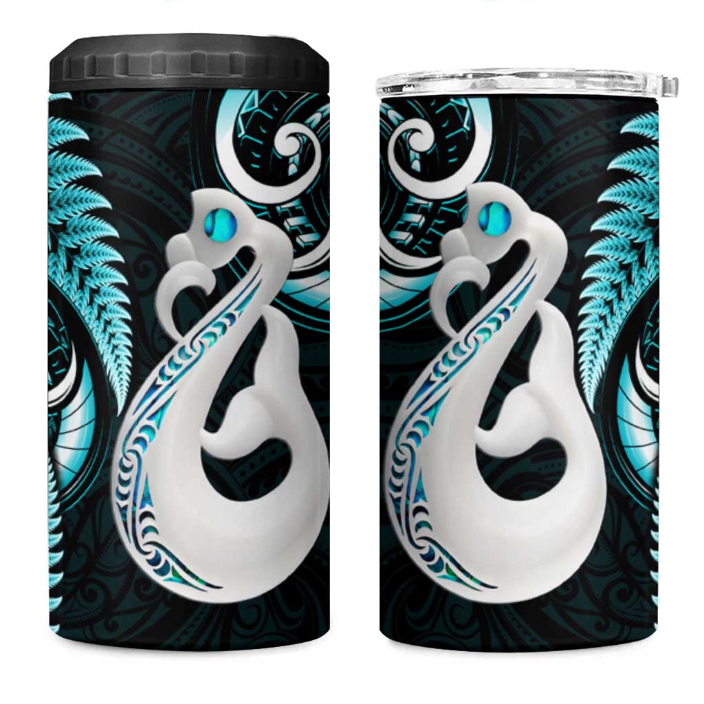 New Zealand 4 in 1 Can Cooler Tumbler Aotearoa Silver Fern With Manaia Maori Unique Turquoise