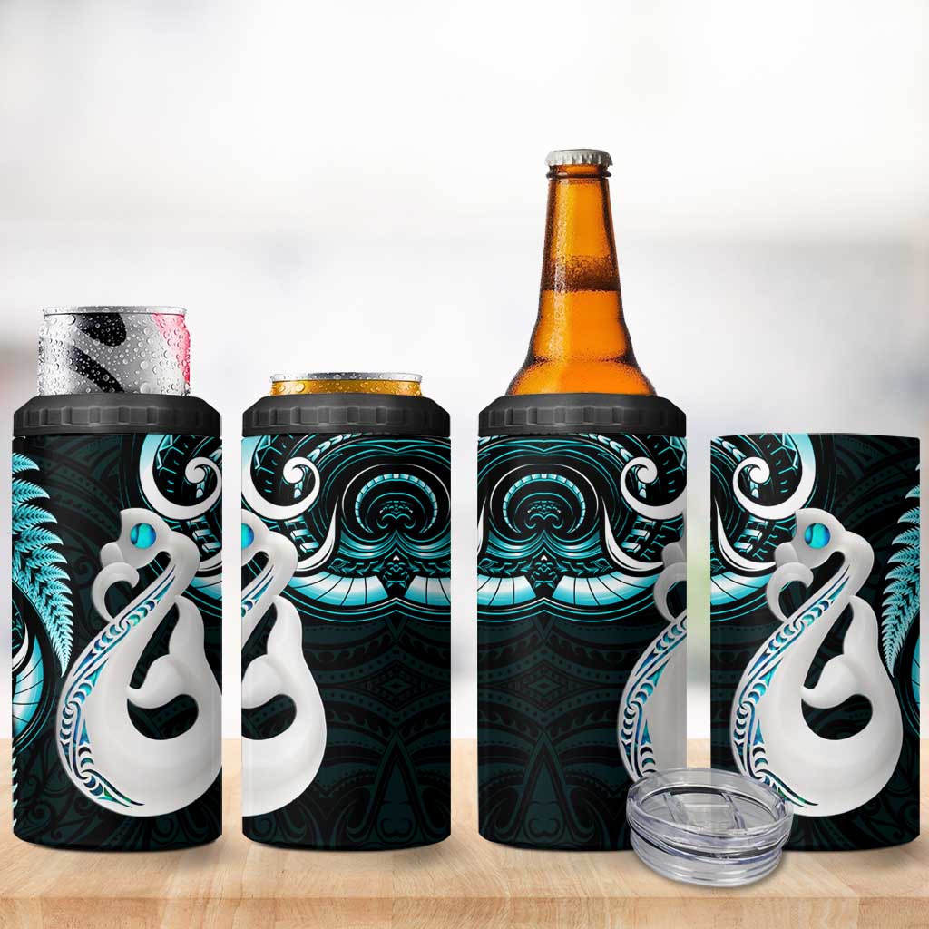 New Zealand 4 in 1 Can Cooler Tumbler Aotearoa Silver Fern With Manaia Maori Unique Turquoise