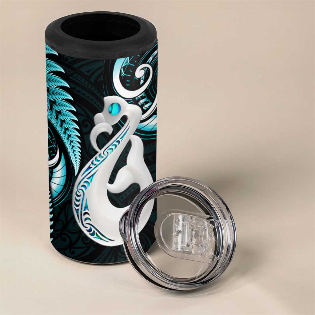 New Zealand 4 in 1 Can Cooler Tumbler Aotearoa Silver Fern With Manaia Maori Unique Turquoise