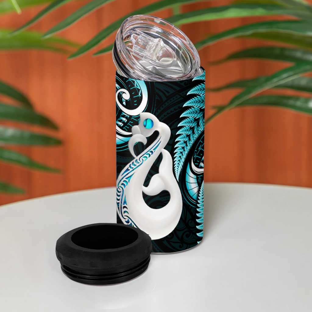 New Zealand 4 in 1 Can Cooler Tumbler Aotearoa Silver Fern With Manaia Maori Unique Turquoise