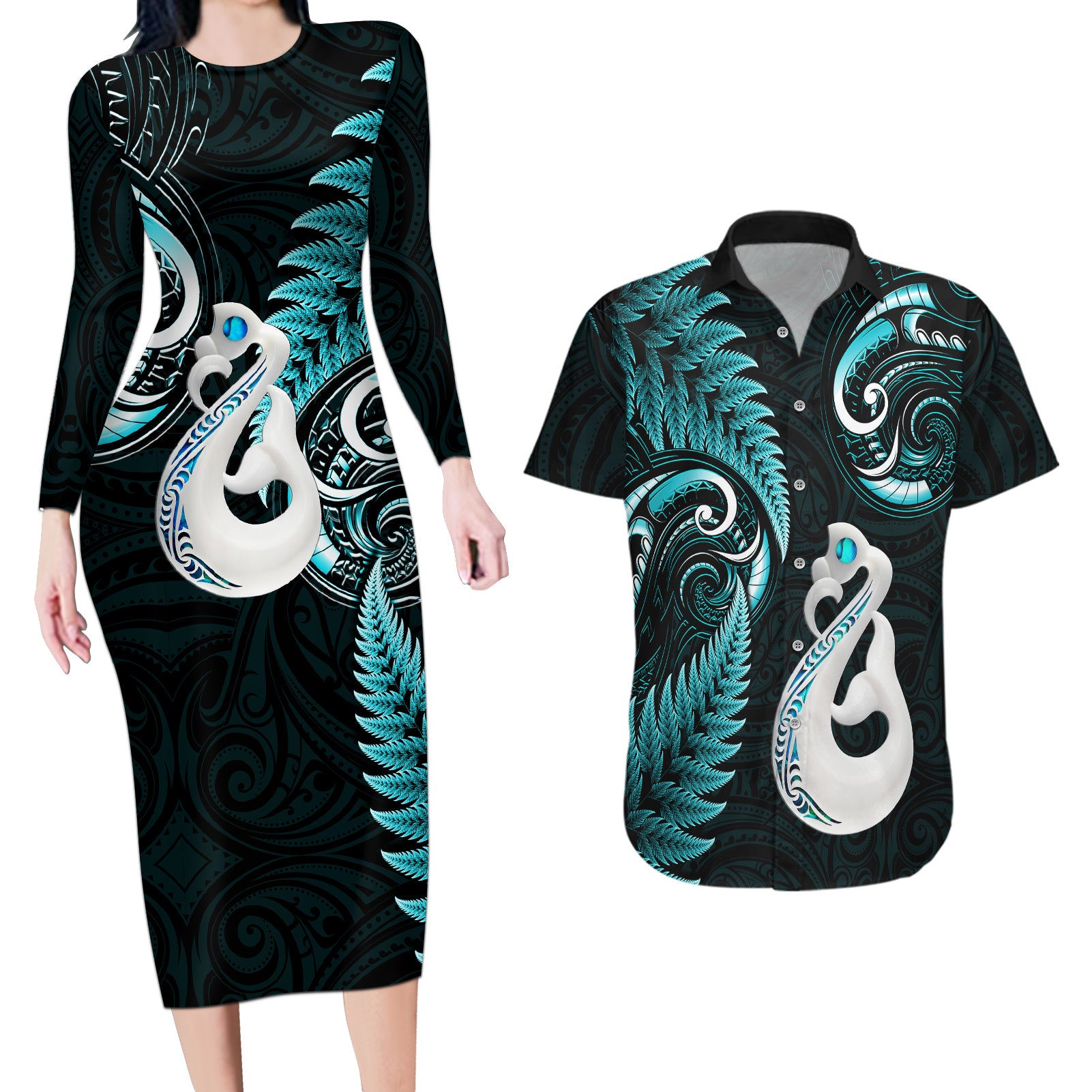 personalised-new-zealand-couples-long-sleeve-bodycon-dress-and-hawaiian-shirt-aotearoa-silver-fern-with-manaia-maori-unique-turquoise