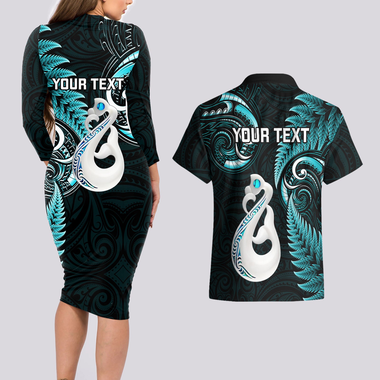 personalised-new-zealand-couples-long-sleeve-bodycon-dress-and-hawaiian-shirt-aotearoa-silver-fern-with-manaia-maori-unique-turquoise