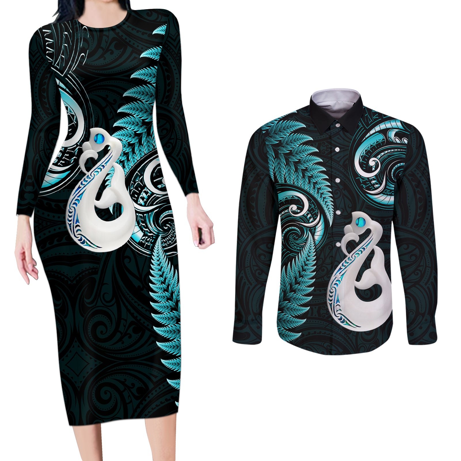 personalised-new-zealand-couples-long-sleeve-bodycon-dress-and-long-sleeve-button-shirts-aotearoa-silver-fern-with-manaia-maori-unique-turquoise