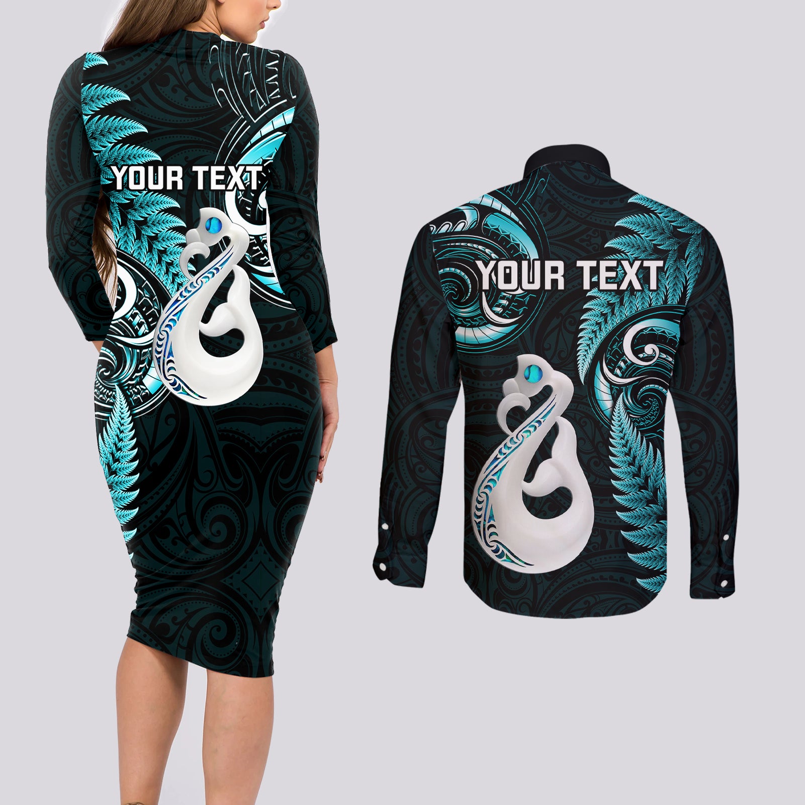 personalised-new-zealand-couples-long-sleeve-bodycon-dress-and-long-sleeve-button-shirts-aotearoa-silver-fern-with-manaia-maori-unique-turquoise