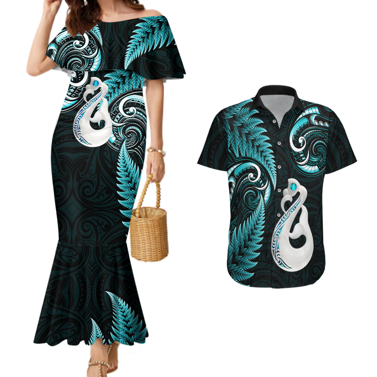 personalised-new-zealand-couples-mermaid-dress-and-hawaiian-shirt-aotearoa-silver-fern-with-manaia-maori-unique-turquoise