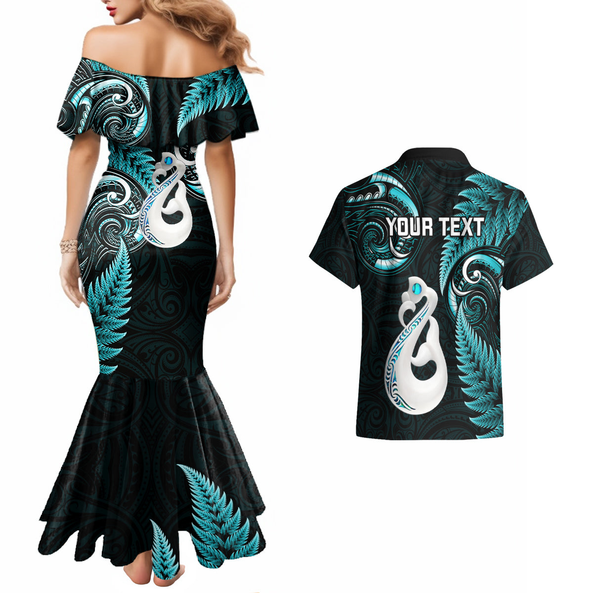 personalised-new-zealand-couples-mermaid-dress-and-hawaiian-shirt-aotearoa-silver-fern-with-manaia-maori-unique-turquoise