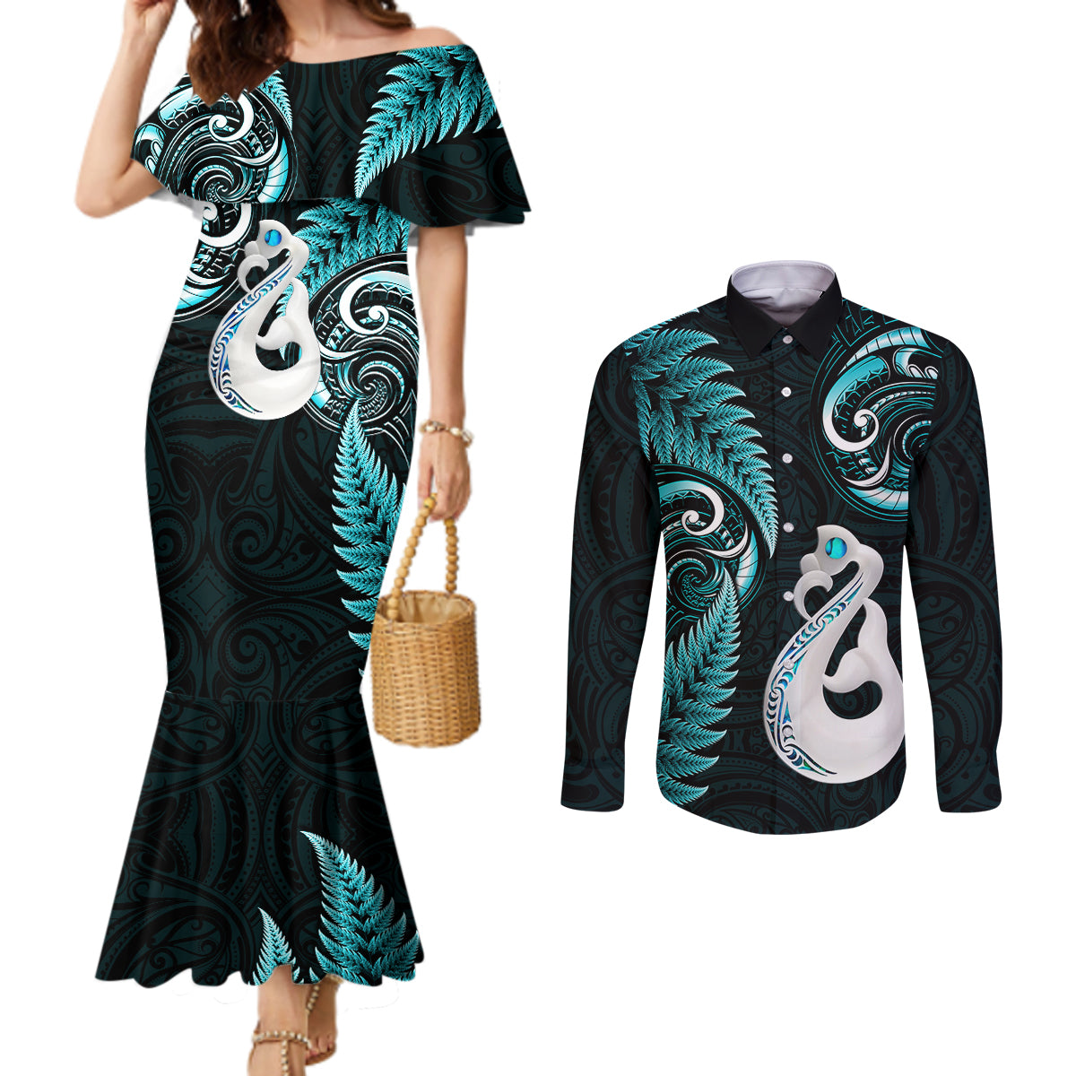 personalised-new-zealand-couples-mermaid-dress-and-long-sleeve-button-shirts-aotearoa-silver-fern-with-manaia-maori-unique-turquoise