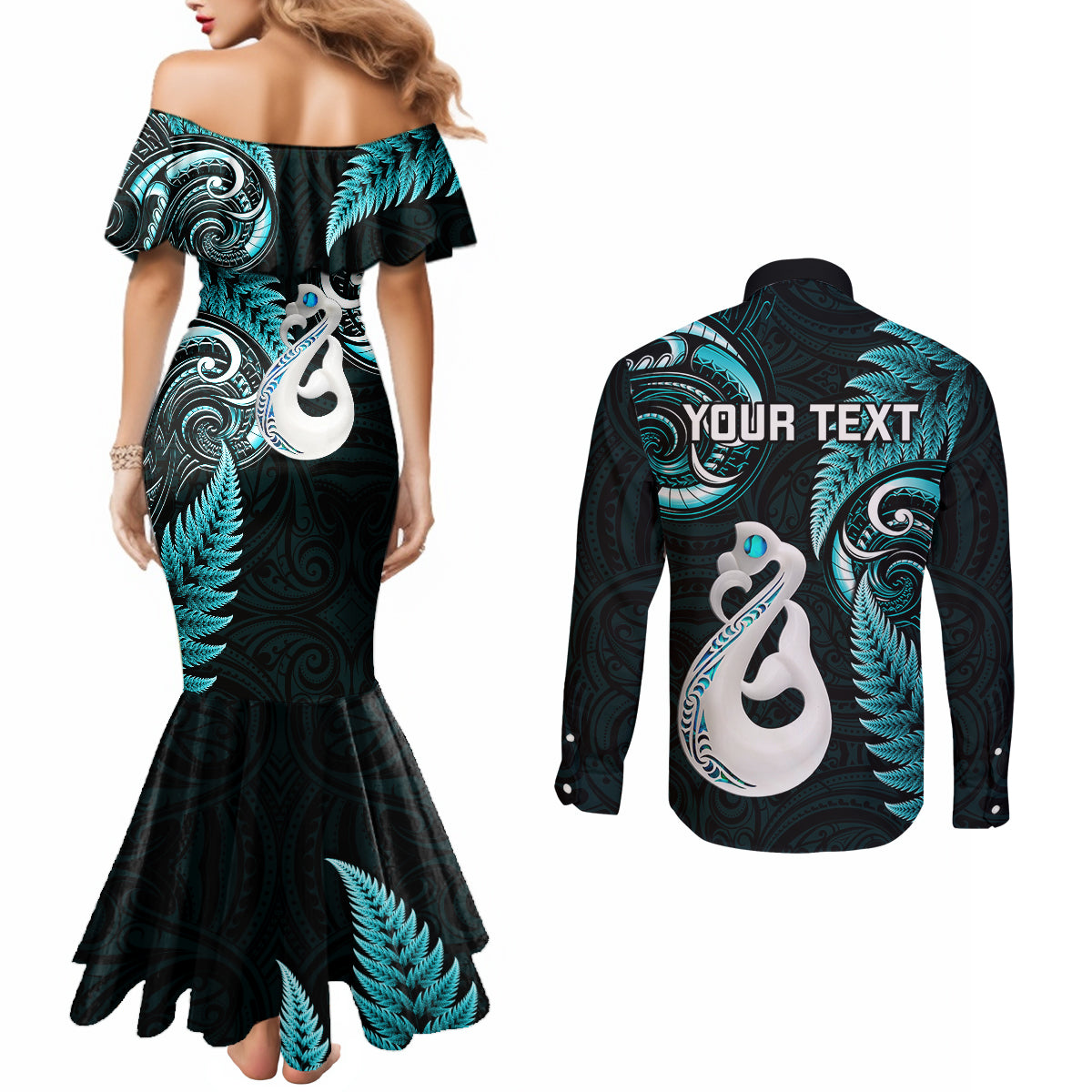 personalised-new-zealand-couples-mermaid-dress-and-long-sleeve-button-shirts-aotearoa-silver-fern-with-manaia-maori-unique-turquoise