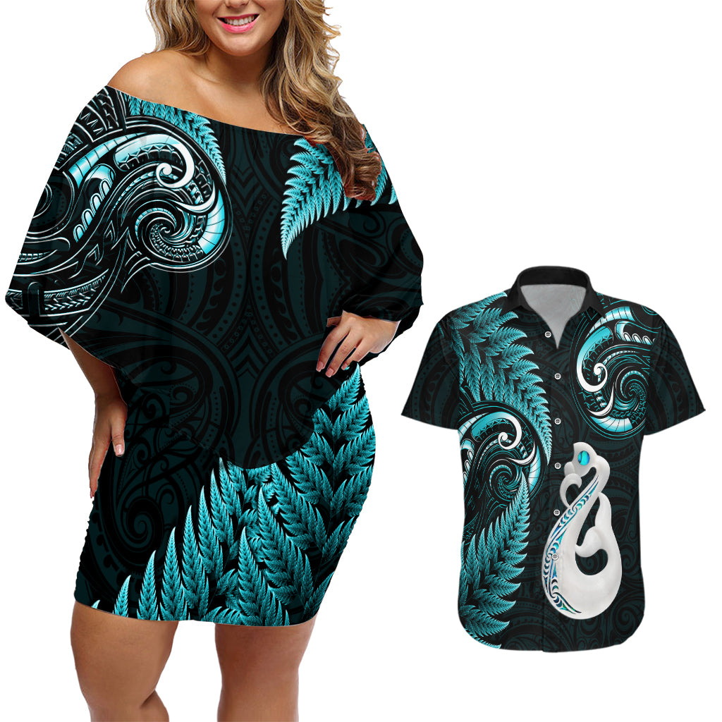 personalised-new-zealand-couples-off-shoulder-short-dress-and-hawaiian-shirt-aotearoa-silver-fern-with-manaia-maori-unique-turquoise