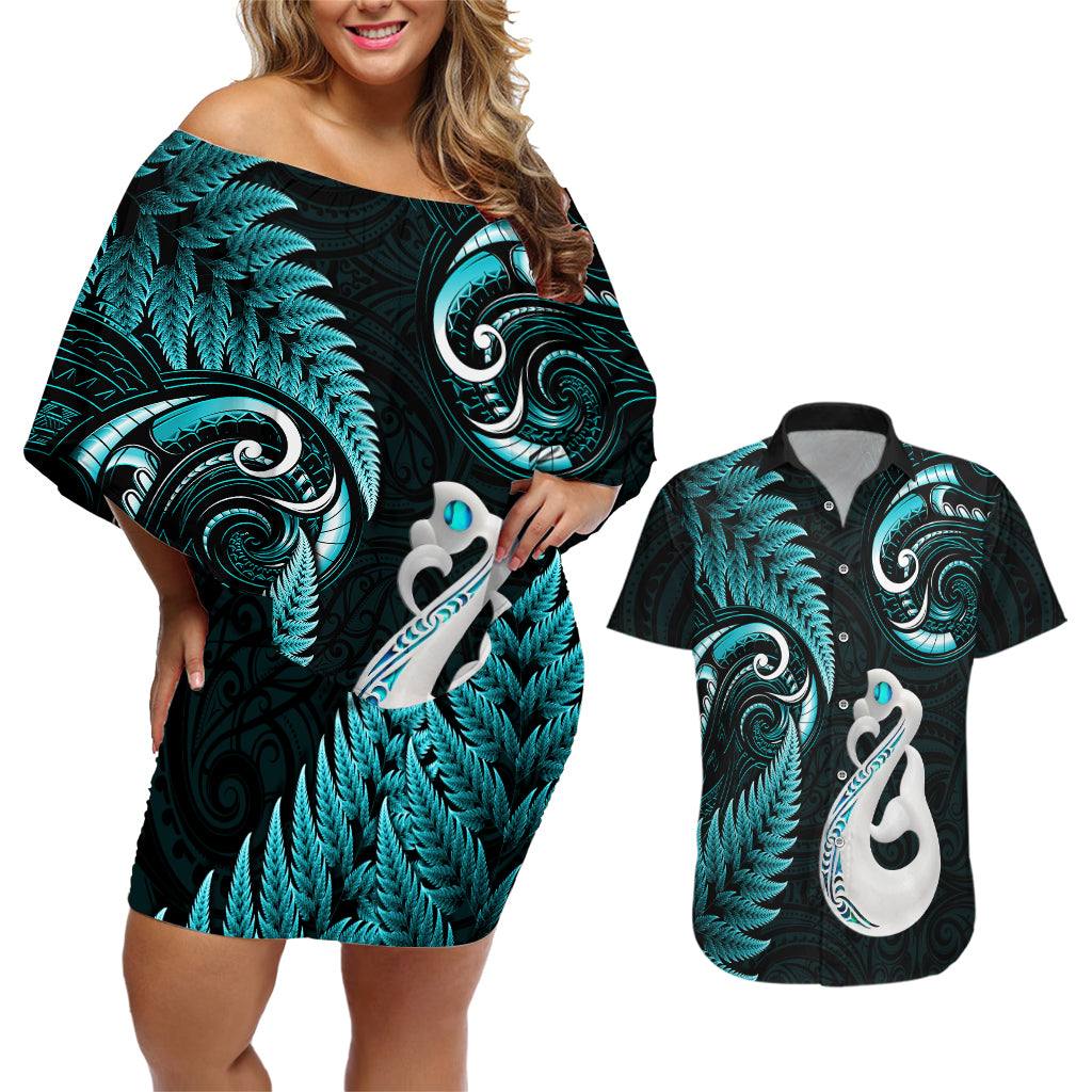 Personalised New Zealand Couples Off The Shoulder Long Sleeve Dress and Hawaiian Shirt Aotearoa Silver Fern With Manaia Maori Unique Turquoise LT14