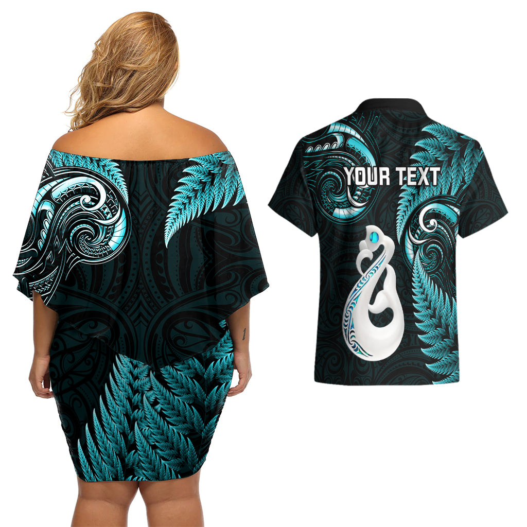 personalised-new-zealand-couples-off-shoulder-short-dress-and-hawaiian-shirt-aotearoa-silver-fern-with-manaia-maori-unique-turquoise