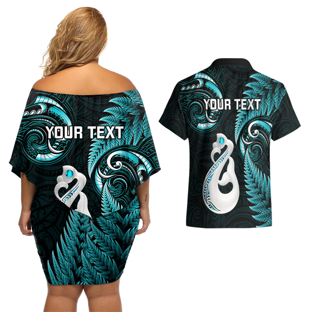 Personalised New Zealand Couples Off The Shoulder Long Sleeve Dress and Hawaiian Shirt Aotearoa Silver Fern With Manaia Maori Unique Turquoise LT14