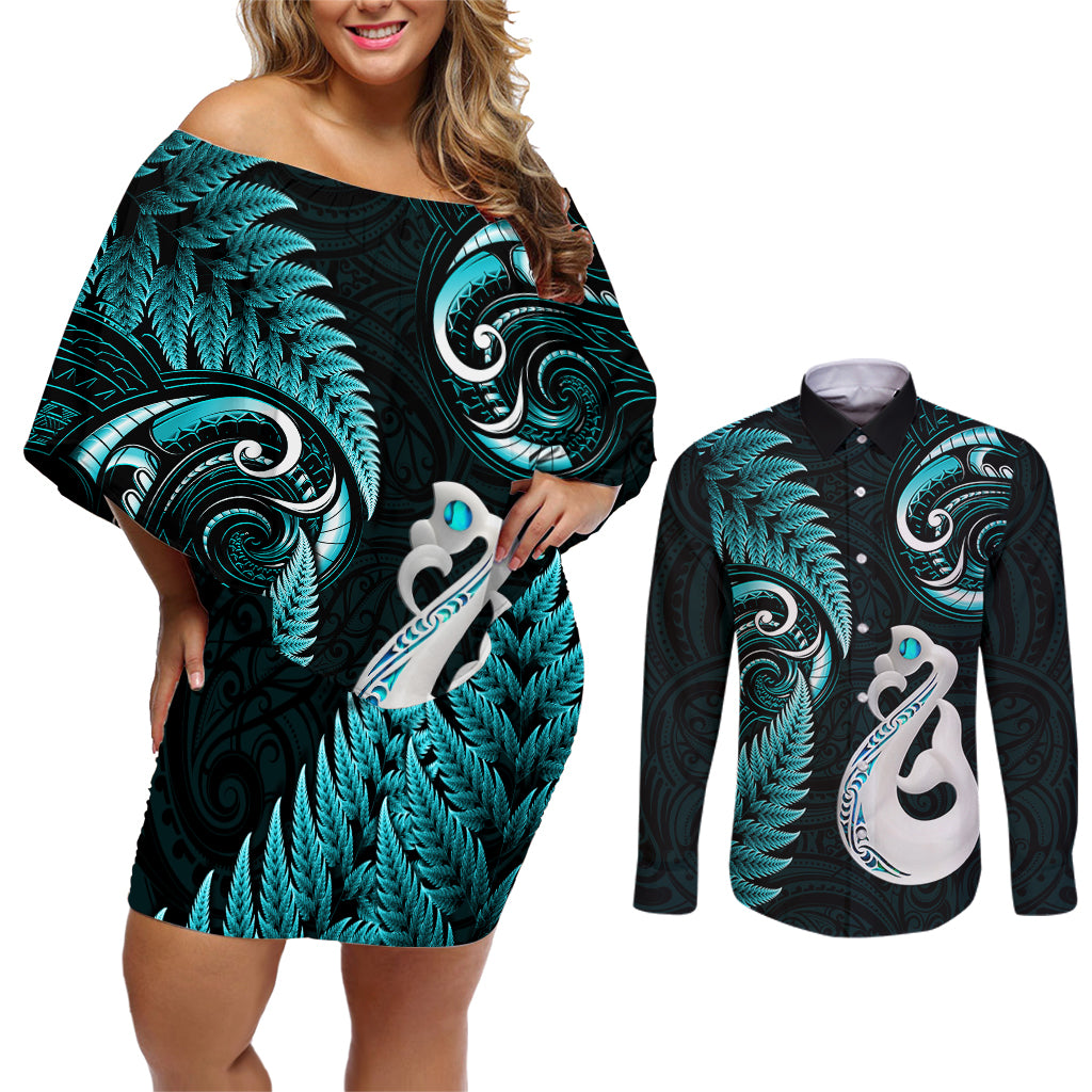 Personalised New Zealand Couples Off Shoulder Short Dress and Long Sleeve Button Shirts Aotearoa Silver Fern With Manaia Maori Unique Turquoise LT14